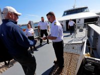 1008280152 ma nb NantucketFerry  The first passenger boards the maiden voyage of the Seastreak Whaling City Express ferry service from New Bedford's State Pier to Nantucket.   PETER PEREIRA/THE STANDARD-TIMES/SCMG : ferry, waterfront, voyage, trip, harbor